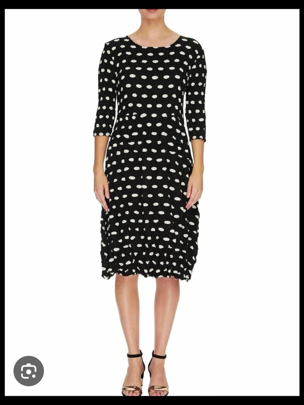 Black and Cream Polka Dot Midi Dress with 3/4 Sleeves